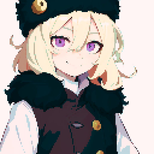 Solo male with perfect anatomy, straight-on, inframe, facing viewer, with round pupils, light blonde hair between eyes, wearing an ushanka hat with a black fur collar, a black vest, puffy sleeves, and black elbow gloves, his light pink eyes looking at the viewer, smile, in a pixel art style with sRGB colors, half closed eyes, best quality, stylised chibi,
