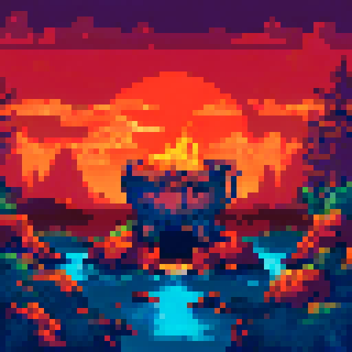 A rustic cauldron, bubbling over a roaring bonfire.