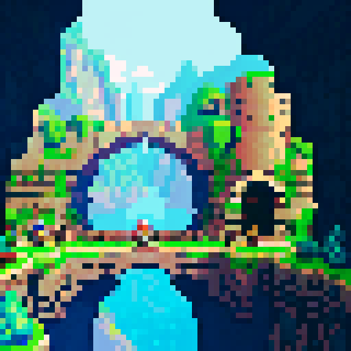 stone bridge, deep chasm, fortress on the left, wider planes on the right, tiny characters fighting monsters, jrpg, pixel art, sRGB