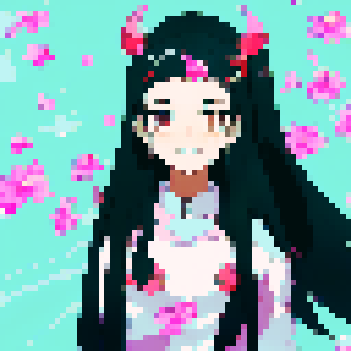 Black-haired, white-skinned girl with piercing red eyes elegantly dances through the air, rapier glinting in the moonlight, surrounded by swirling cherry blossom petals in a breathtakingly beautiful anime-style scene