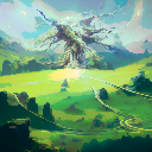 Glowing vines twisting around a towering, ancient tree with sparkling leaves, guarded by ethereal spirits wielding lightning bolts