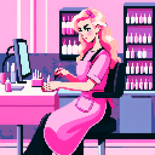 A nail tech with long blonde wavy hair, wearing a pink apron, doing her client's nails in a nail salon. 