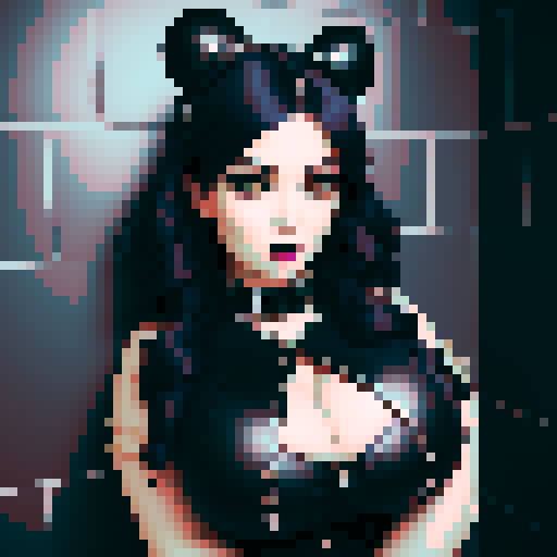 curvy, busty goth babe with studded collar. Full head portrait. big titty goth, in a close up glamour shot. Wearing Halter top. modern tile backsplash.