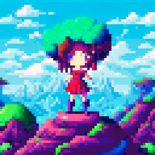 Gamer girl with thigh highs, surrounded by vibrant pixelated flora and fauna, stands atop a rocky outcropping overlooking a sprawling sRGB landscape