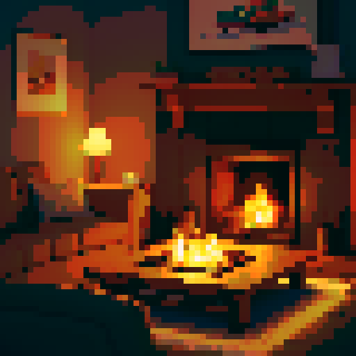 Cozy living room, crackling fireplace, warm glow, comfortable sofa, cute little frog, tiny feet dangling, content expression, small coffee table, steaming cup of coffee, aroma wafting, frog holding coffee, pixel art, cute, masterpiece