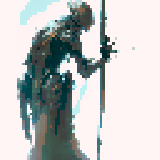 skeleton soldier, holding a spear, arrows sticking out of his back