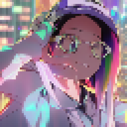 Rainbow-haired girl with oversized glasses and a flowing dress dances under a starry sky, surrounded by neon lights and futuristic cityscapes, in a vibrant anime style.