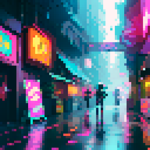 Cyberpunk night market, neon-lit alleys, bustling crowd, holographic advertisements, towering skyscrapers, futuristic vehicles, vibrant colors, glitchy visuals, retro arcade machines, steam rising from street food stalls, flickering streetlights, rain-soaked pavement, vibrant graffiti, pixelated storefronts, augmented reality displays, robotic vendors, glowing cybernetic implants, glitched-out visuals, sRGB, pixel art