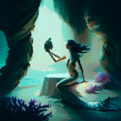 A close-up of a woman's hands over a table during a tarot card reading in a medieval dark style. The table is adorned with elements of the ocean such as sea shells, sand, and small pieces of coral. The atmosphere is mystical and dimly lit, with candlelight casting shadows that enhance the eerie and magical mood. The woman's hands are gracefully poised over the cards, which also have oceanic designs like waves and mermaids.