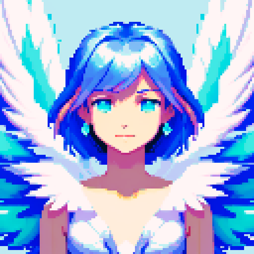 
Beautiful, ethereal angel with shimmering wings and flowing, liquid-like chrome body, rendered in minimalist pixel art with vibrant, dazzling sRGB colors