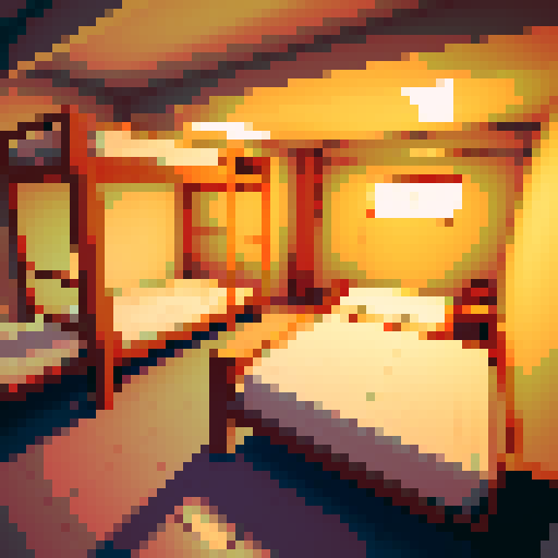 A dormitory room full of beds, in an unappealing underground emergency bunker.