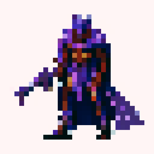 top down sprite of Kronos Time God, facing left, holding weapon, villain with purple skin, not looking human, enemy with ominous presence, transparent background, pixel art, 32x32 resolution