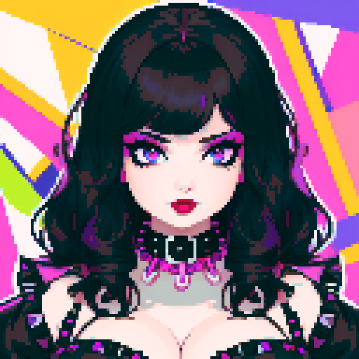 curvy, cute busty goth woman's face, whole head portrait, black hair, purple eyeshadow, red lipstick, low cut black  halter top, studded collar, vibrant sRGB colors, 