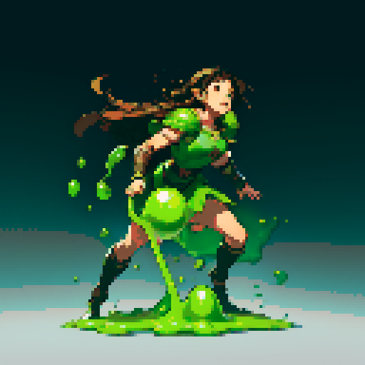 slime slamming into a hero, impact, splattering, full-body image, hero has brown hair and metal armor, slime is green