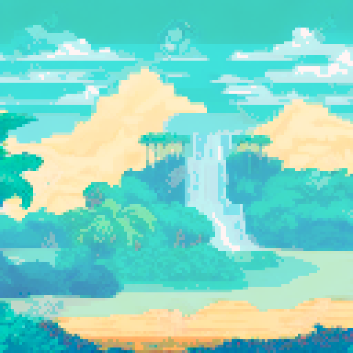 A verdant jungle waterfall on a tropical island full of plants. 