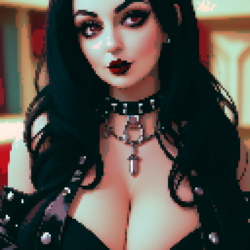 curvy busty goth, cute goth woman, with black hair, and red lipstick, wearing a studded collar,  beauty photo, glamour shot, sRGB color