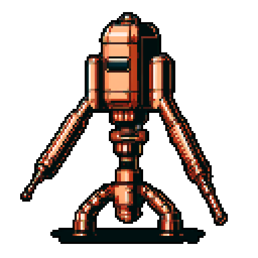 I want a tall vertical copper structure reminiscent of a minigun. It should have strange mechanical details that could interlock with each other. I also want this object usable as an asset in a videogame, meaning only one object per image, outlined with a strong black stroke, on a solid-color background.