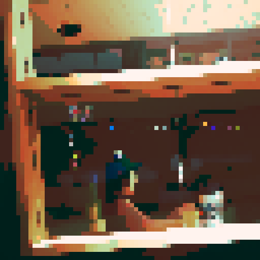 boy with long hair, hat on, unbothered, mirror reflecting party behind him, pixel art, bottle next to him, many people behind him, alone