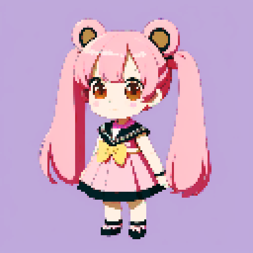 This image features a stylized bear inspired by ghibli, in a chibi art style. The bear has, expressive black eyes and a cute, youthful appearance. The hair is styled in long twin pigtails, accented with pink and gold ribbons, matching the color theme of the outfit, which includes a sailor-style collar and a pink bow. The background is interesting magic landscape, enhancing the character's playful and magical theme. This is a typical example of how popular anime characters