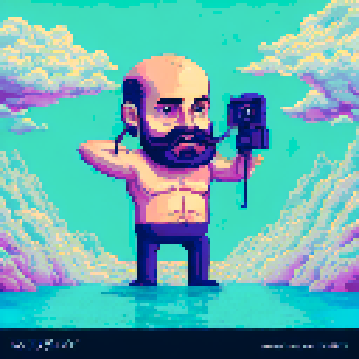 Bald bearded man with a big mustache without a shirt with a bag between his arms