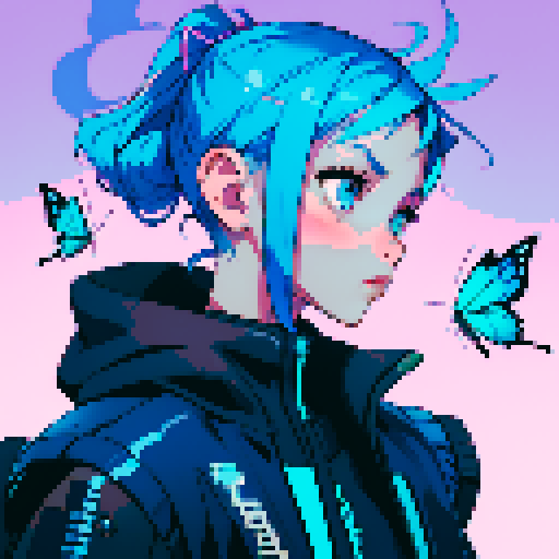 Girl with blue hair and blue butterflies floating around her a cyberpunk background behind her, aetherpunk, neofuturism 