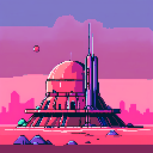 a single building in the style of planet Mars, with colors used fro pallet ARNE 32
