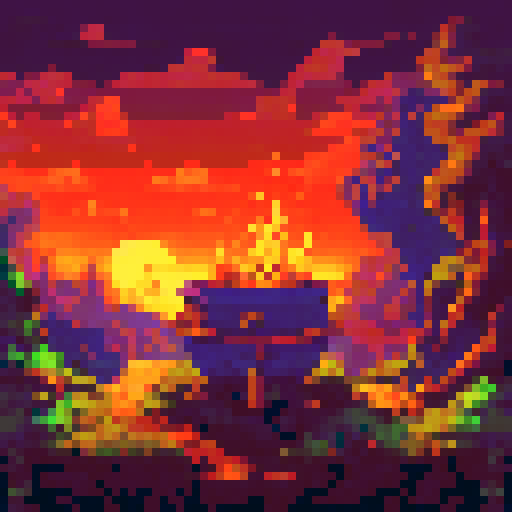 A rustic cauldron, bubbling over a roaring bonfire.