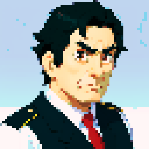 police chief, black hair, close-up, confident stance, anime style, pixel art, suit, front view, front view, bust, serious expression, old man