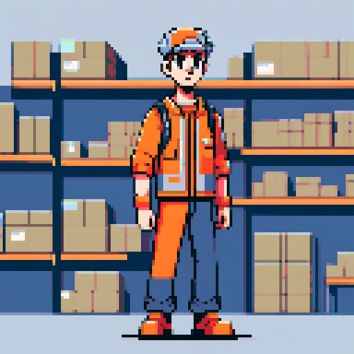 young, male warehouse worker, Amazon Germany, pixel art