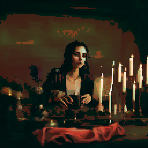 Close-up of a young beautiful woman looking at the viewer making magic with candles.