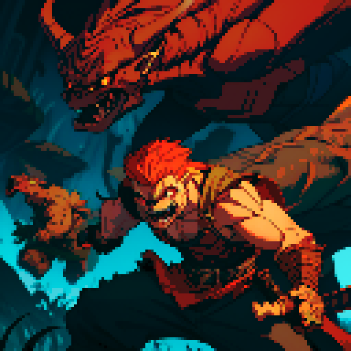 Goblin monster, fierce expression, glowing red eyes, jagged teeth, muscular arms, clutching a rusty sword, poised for attack, pixelated art, vibrant sRGB colors