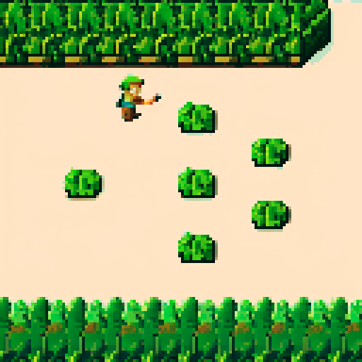 archaeologist with rugged explorer attire, wielding a trowel as big as a sword, surrounded by lush greenery, a pixelated forest, vibrant wild animals, reminiscent of NES Zelda, NES color pallete