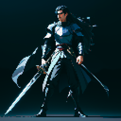 full-body image, male knight, man in black armor, giant sword, long black hair, sexy, male dark knight, giant sword, huge long sword, long hair, facing left, ready to fight, very long sword
