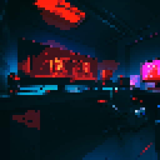 Massive computer terminal, clustered electronics towers, dark cavern, morbid scene, blinking red lights, sRGB, pixel art