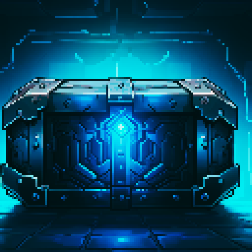 mystery box, stone, metall, shiny, pixel art, sRGB, vibrant colors, glowing lights, intricate patterns
