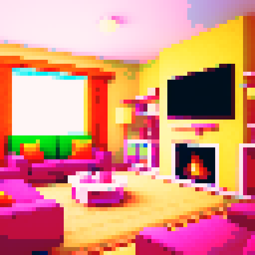 cozy living room, widescreen TV, colorful pixelated carpet, retro 8-bit aesthetic