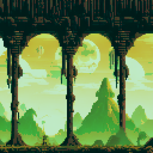 lovecraftian hyeroglyph wall, ancient mystical symbols, eerie purple glow, pixelated landscape, eerie forest, ominous moon, creepy creatures, pixel art props, mysterious artifacts, sRGB color palette