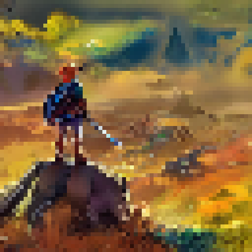 Link from legend of zelda standing on a mountaintop overlooking Hyrule field