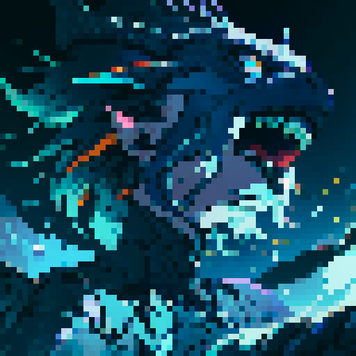 leviathan face, shimmering scales, piercing eyes, sharp teeth, deep shadows, vibrant colors, pixelated details, sRGB color space, dark background