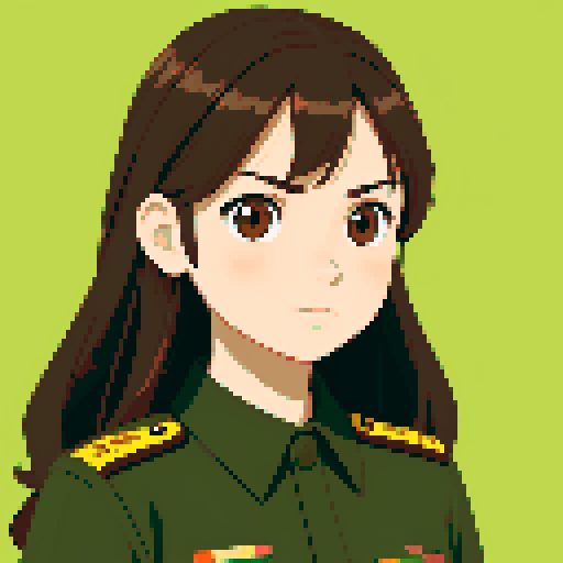 young girl, brown hair, brown eyes, wearing combat green army uniform, upper body close-up, transparent background, clean and detailed, game icon, centered composition, long flowing hair, detailed eyes, slim figure, soft smile