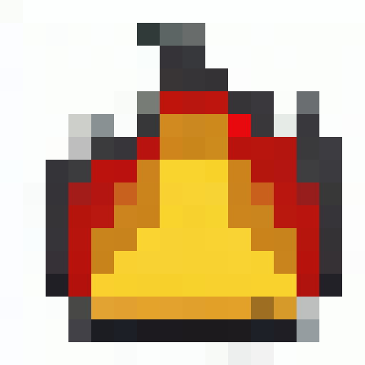 fire emoji icon, pixelated flames, vibrant colors, glowing embers, sharp edges, detailed shading, 16x16 pixels, close-up view, intense expression, game icon style, portrait orientation, fiery backdrop