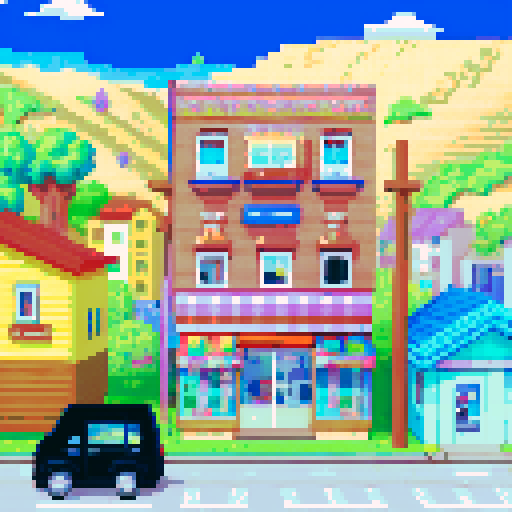 Roadside buildings, drug store, bright colors
