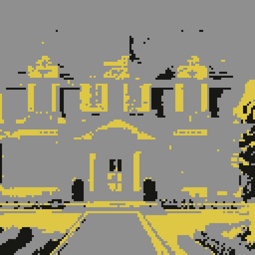 Suburban mansion, front view, symmetrical design, towering structure, pixelated windows, pristine lawn, vibrant flowers, winding driveway, vibrant colors, low-resolution details, sRGB color palette