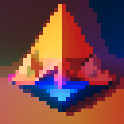 alien spaceship, simple triangular shape, top down view, vibrant colors, glowing lights, retro-inspired, geometric patterns, red