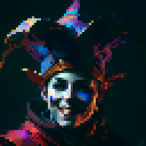 jester, vibrant colors, elaborate costume, mischievous expression, medieval backdrop