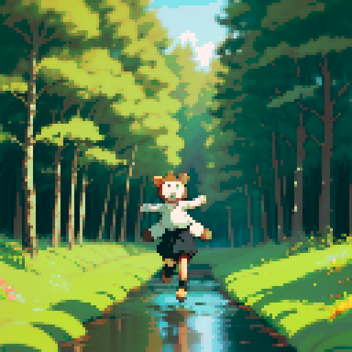 Create an image of a whimsical cartoon bear chibi character. The character is small, with a simple brown body and round black eyes. It is joyfully jumping over a puddle in a muddy forest path, using a makeshift stick as a pogo stick. The background should depict vibrant green trees and shrubs, capturing a playful and adventurous scene.