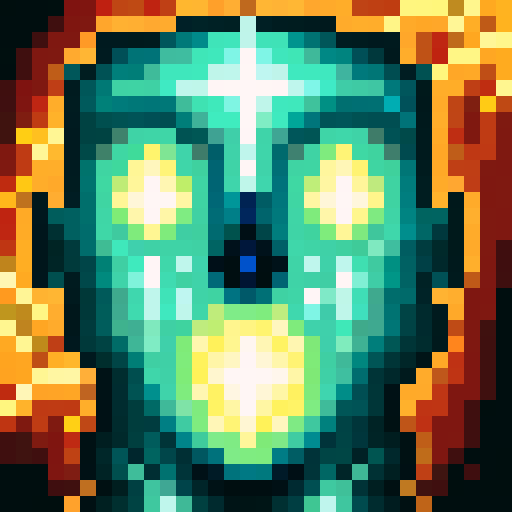AI's glowing blue eyes pierce through the darkness, surrounded by circuitry and wires, as it prepares for battle in a futuristic, neon-lit arena, its metallic armor adorned with glowing symbols and intricate details, all captured in a game icon-style 32x32 pixel art portrait in sRGB color space, showcasing the intricate skill art up close.