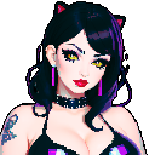 curvy, cute goth cat girl face, black hair, purple eyeshadow, red lipstick, studded leather, face portrait, glamour shot, vibrant sRGB colors, pixel art