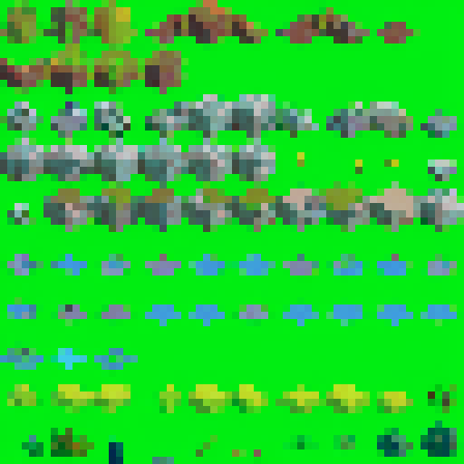 a full environment tileset collection for an isometric 32x32 2d tile game, semirelistic with multiple types for each tile for procedural generation