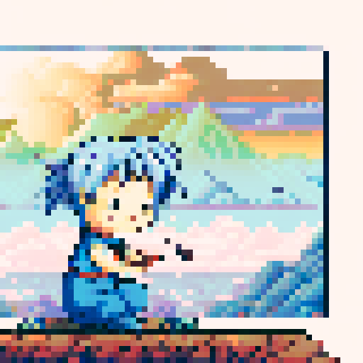 1giri with gray hair, twin tails, hugging a fish in a pixel art landscape with a colorful sRGB background